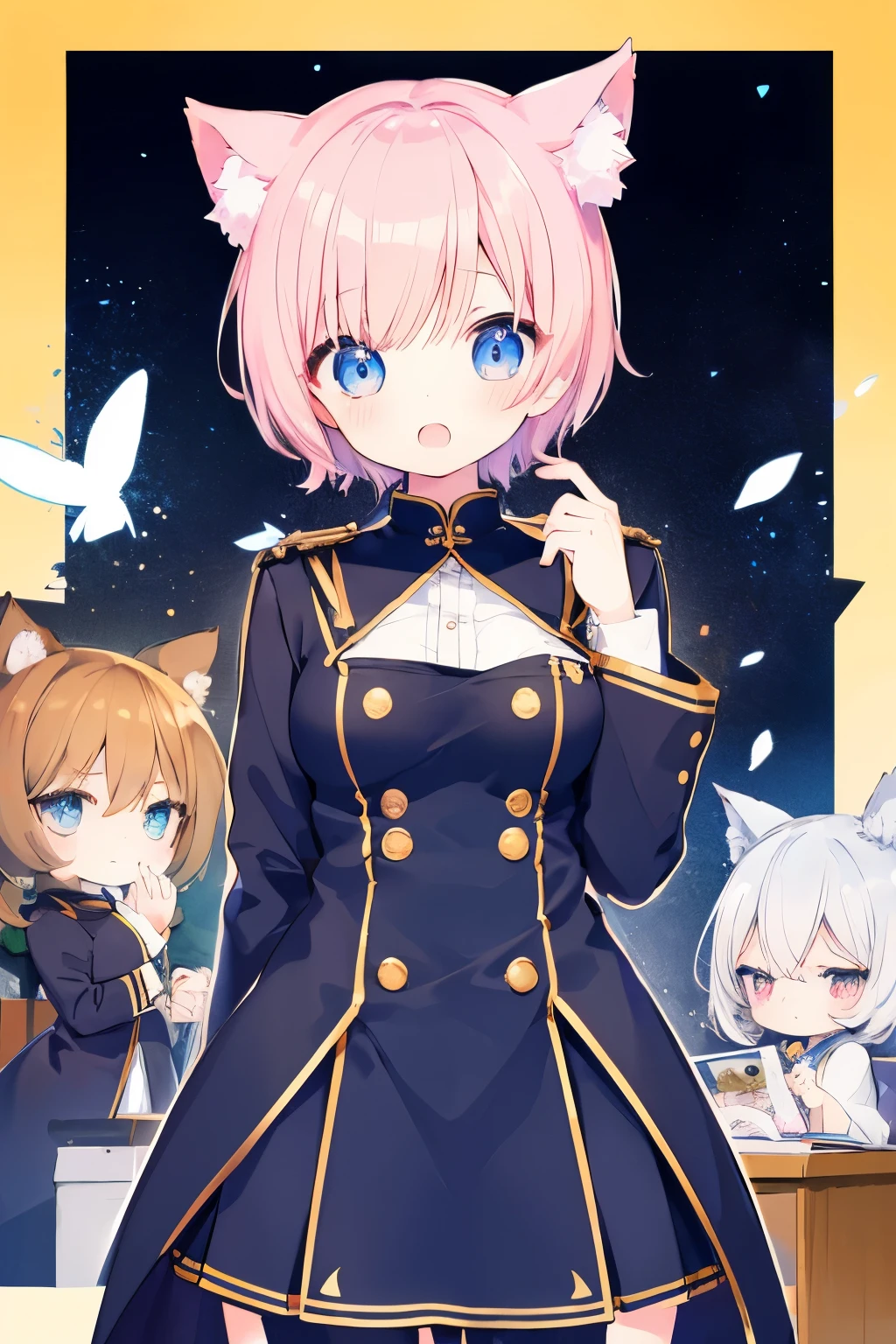 Navy uniform、Elementary school girl、7-year-old girl,Very beautiful and Shining Eyes、Shining Eyes、1 girl、Small breasts、Big Mouth、Large Breasts、Cat ear、Pink Short Hair