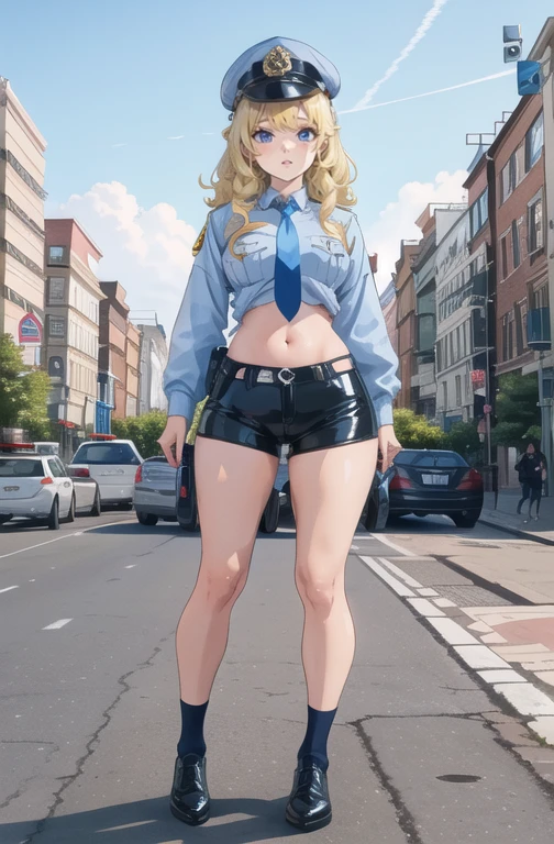 a cartoon character in a sexy outfit posing in the street with a bush, police, police uniform, 1girl, policewoman, shirt, skirt, hat, necktie, police hat, blue eyes, gloves, breasts, blonde hair, thighhighs, solo, navel, garter straps, looking at viewer, short sleeves, large breasts, underwear, miniskirt, midriff, ass visible through thighs, panties, outdoors, skindentation, braid, hand on hip, belt, black skirt, uniform, collared shirt, frown, thighs, peaked cap, crop top, black panties, blue shirt, breast pocket, v-shaped eyebrows,Eiko Tsukimi, blue eyes, braid, twin braid,blonde hair,baseball cap
