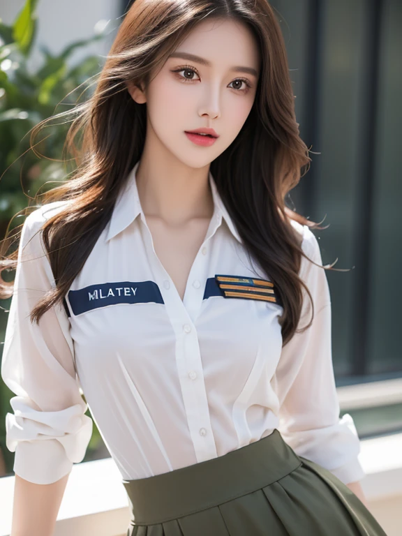 a beautiful woman in a pilot's uniform, a gorgeous female pilot, a beautiful girl, a stunning woman, a graceful woman in a mini skirt, detailed eyes, detailed lips, extremely detailed face, long eyelashes, slender waist, hyperrealistic, photorealistic, 8k, best quality, masterpiece, ultra-detailed, physically-based rendering, vivid colors, dramatic lighting, beautiful portrait, elegant fashion illustration