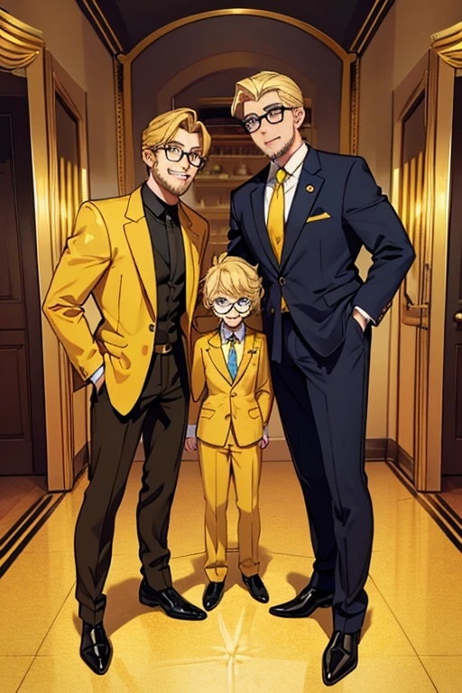 male, blonde hair, blue eyes, trimmed goatee, (((1boy))), (((golden yellow business suit))), (golden yellow pants), (black dress shirt), (brown necktie), (black dress shoes), (glasses), older man, lion ears on head, smiling