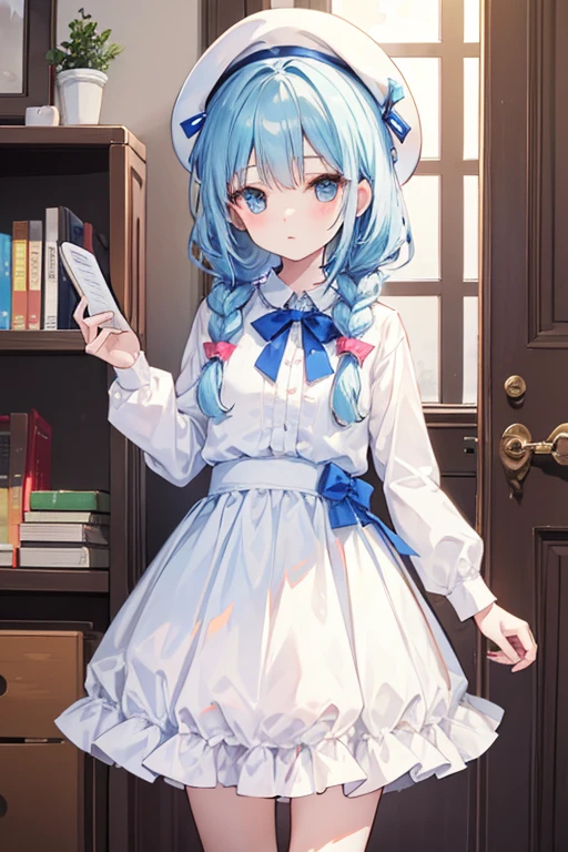 １People Girl　Young　Waist-length braids　Shorts　White dress shirt　Light blue ribbon　beret　I have a book　indoor