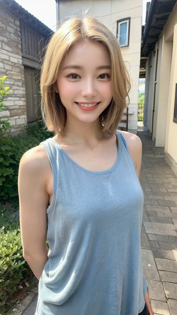 ((finest masterpiece)), ((Highest quality)), ((Genuine)), ((8K)), 1 girl, Japanese, 24-years-old, so beautiful, model, whole body, thin, model, ソニー一眼レフphotograph, blonde, Long Hair, short hair, Looking at the camera,smile, Background Real, Ocean、Europe, art, photograph,