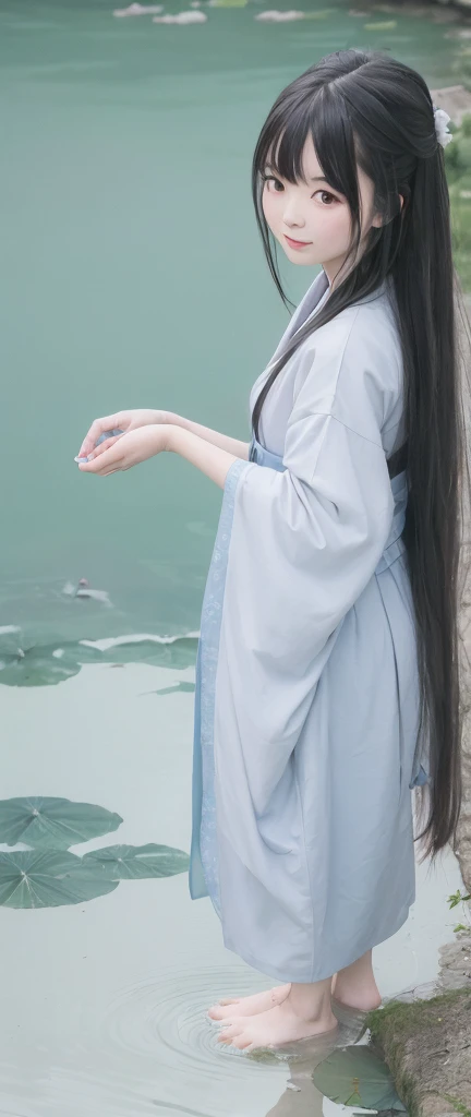 ((4k,masterpiece,best quality)), shuimobysim, traditional chinese ink painting, lotus, hanfu, maxiskit, dress conservatively
1girl, solo, long blue hair, smile, standing, feet in the water, barefoot,