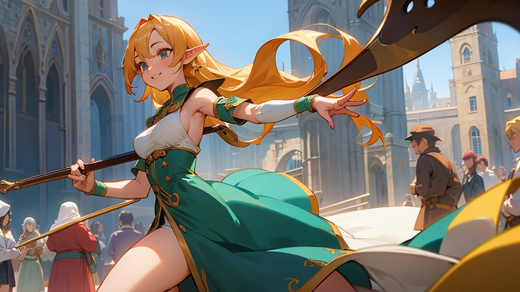 Anime Style,Nostalgic,Detailed background,The medieval world,A bustling square with many people,Smiling bard beautiful elf girl,violin,Large Breasts,Underarm,Healthy thighs