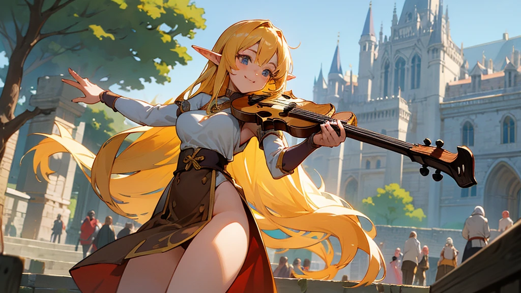 Anime Style,Nostalgic,Detailed background,The medieval world,A bustling square with many people,Smiling bard beautiful elf girl,violin,Large Breasts,Underarm,Healthy thighs