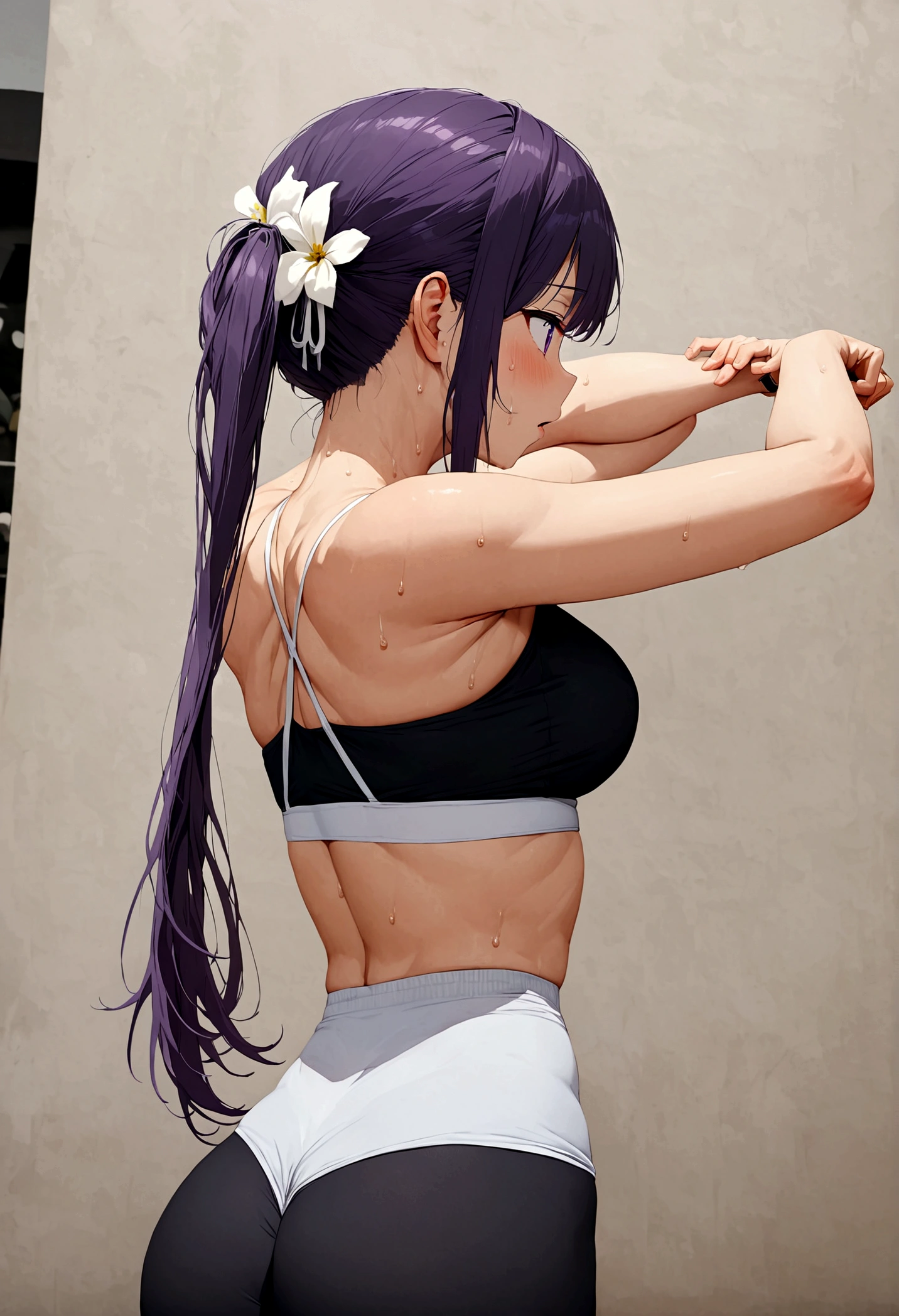 Anime girl with very long dark purple hair and a flower hair accessory Doing some yoga as she's sweating so much wearing sports leggings