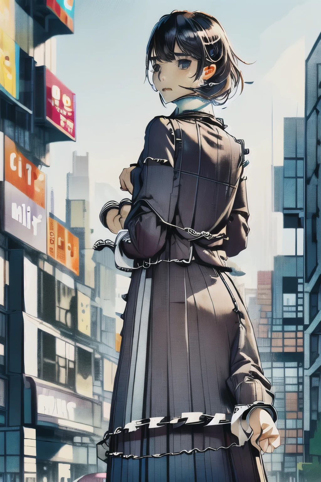 (masterpiece, best quality:1.2), solo, 1girl, takebadef, smile, looking at viewer, , cardigan, bow, skirt, choker, earrings, (top quality, 8k wallpaper)),(masterpiece, best quality),extremely detailed,high definition,(official art:1.3),(((BREAK restrained,police,arrest,restrained,shackles,(((building,city,handcuffs bejind her back, cuffs, upper body, handcuff, bound wrists))