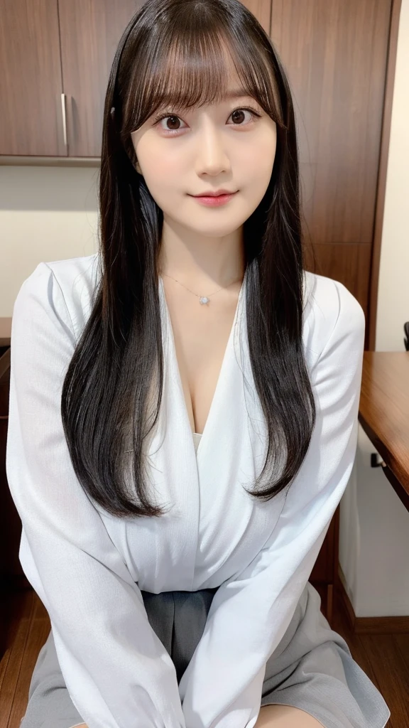 One Girl,First Person View, (masterpiece:1.3), High resolution, Very detailed, Very detailedな CG Unity 8k 壁紙, Realistic, photo-Realistic, RAW Photos, Beautifully detailed face, Pale skin, Realistic glistening skin, Detailed cloth texture, Detailed hair texture, Perfect body, Beautiful Face, Accurate, Anatomically correct, Highly detailed face そして skin texture, Natural neck length, (Beautiful Hそしてs), (Fair skin:1.2),Heavy chest,  charm,   Written boundary depth,   (Perfect Anatomy:1.2), Accurate手足, Accentuate your cleavage, Camel Toe:1.21, (最high quality:1.4), 32k resolution,   High resolution32k UHD, (masterpiece:1.2)), (Improvement of quality:1.4), finely,Very detailed, Symmetrical eyes,  (Wide Hips),  Light shines in, Light and shadow are clear, Professional Cinema Lighting ,(Huge breasts:1.1),  panties,mini skirt,suit,shirt,dress shirt,Black Stockings,secretary,Panty shot,Sit on a chair,Daytime,At work,(Thighs、knees、Calf、ankle),Are standing、Tall people,whole body,Plump body,Long Hair,Straight hair,View your audience,high quality,Realistic,Digital SLR,masterpiece,Very detailedな,Japanese,gravure