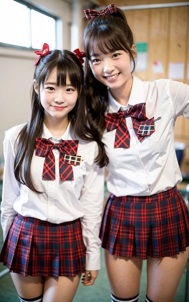 girls standing in school classroom, with red plaid bow tie,18-year-old,bangs,a little smiles,thighs,knees,low ponytail,from below