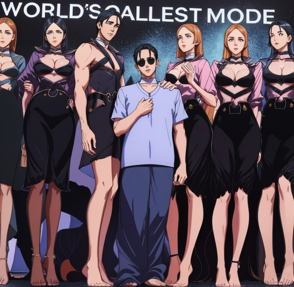 Three tall girls on the lfe left, three tall girls in the right, short man in the middle, the girls are much taller than the man, girls have big  and cleavage, girls are wearing black, man is wearing blue shirt, girls are standing barefoot, man is wearing shoes,