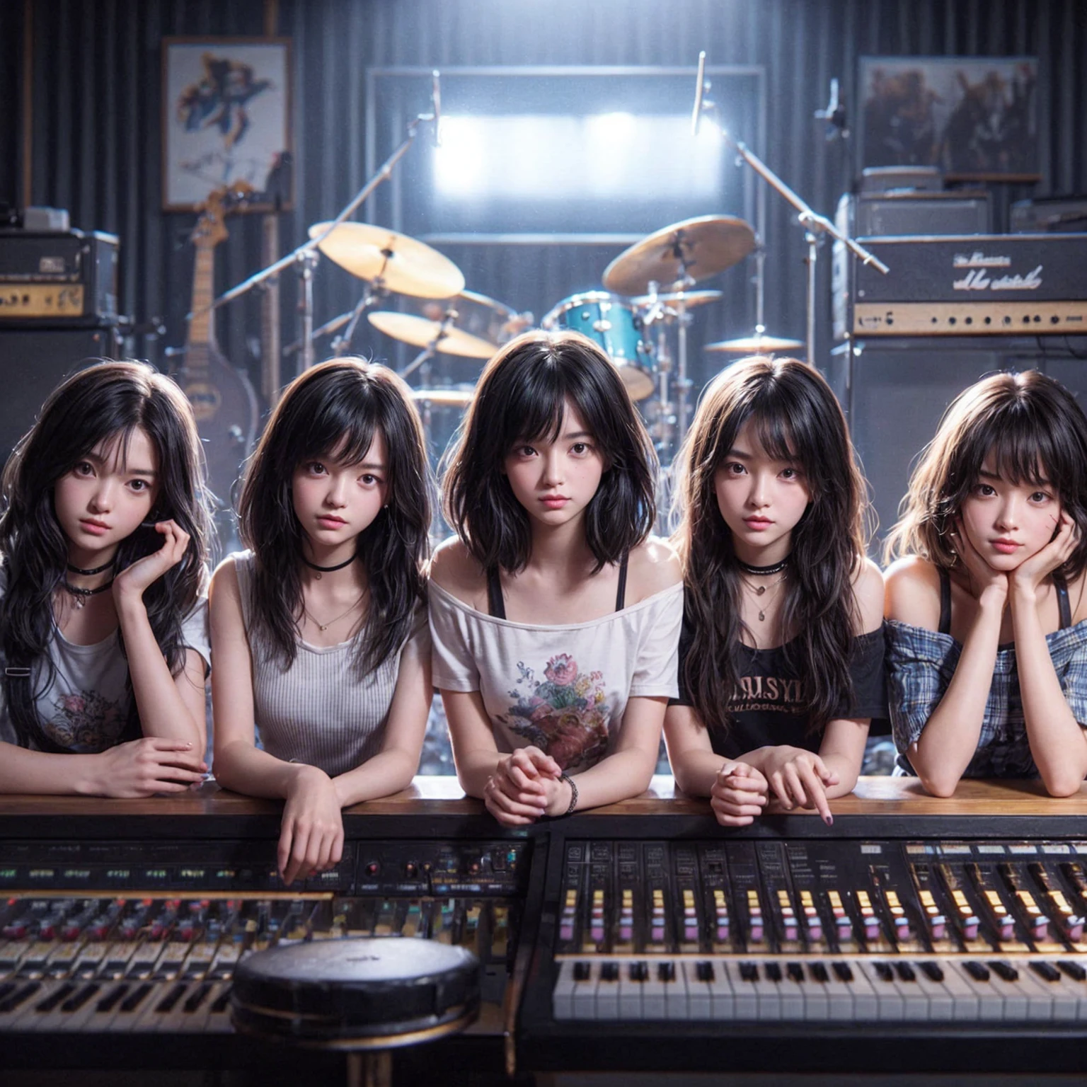 **Photo of 5 beautiful girls, aged 18 to 20, sitting:**
- **3 girls with messy black hair**
- **1 girl with wavy bob black hair**
- **1 girl with a black ponytail**
One girl is playing the drums, one girl is playing the piano, one girl is playing the bass guitar, one girl is playing the guitar, and one girl is singing. They are sitting behind a board with the word "ECHO" written on it. The background is a music studio, complete with drums, guitars, bass guitar, and piano. The image is ultra HD, 4k, photorealistic, raw, and a masterpiece.