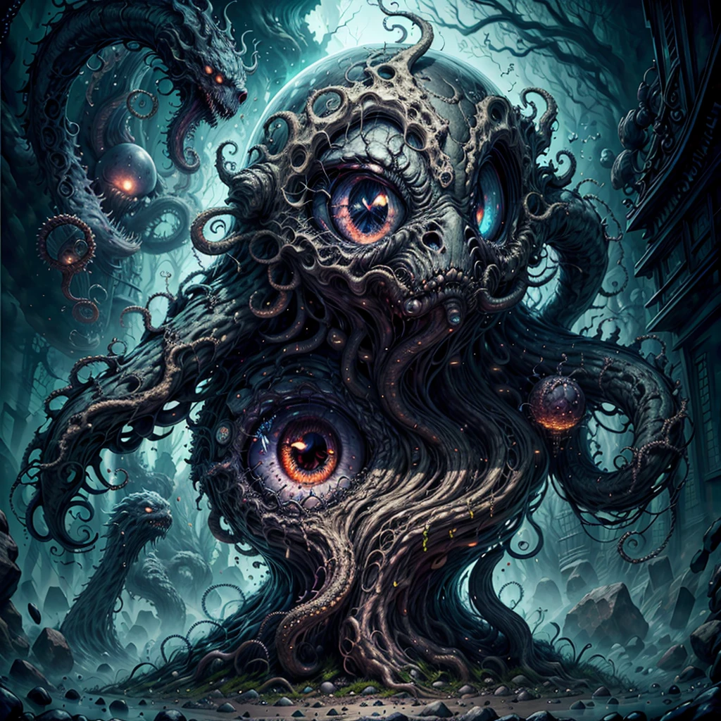 (best quality,4k,8k,highres,masterpiece:1.2),ultra-detailed,(realistic,photorealistic,photo-realistic:1.37),eldritch eye monster,(a floating sphere glowing eye), lots of tentacles, HP.lovecraft style, eerie atmosphere, ancient horror, dark, mysterious, twisted beings, ominous, cosmic horror, otherworldly, surreal, eldritch entities, grotesque, disturbing, inscrutable, tentacle-covered, abyssal depth, macabre, unearthly presence, supernatural, spectral, indescribable horror, haunting, nightmare-inducing, ethereal light, arcane symbols, eldritch essence, eerie glow, monstrous proportions, shifting shadows, eldritch abomination, tentacle tendrils, unknowable secrets, madness-inducing gaze