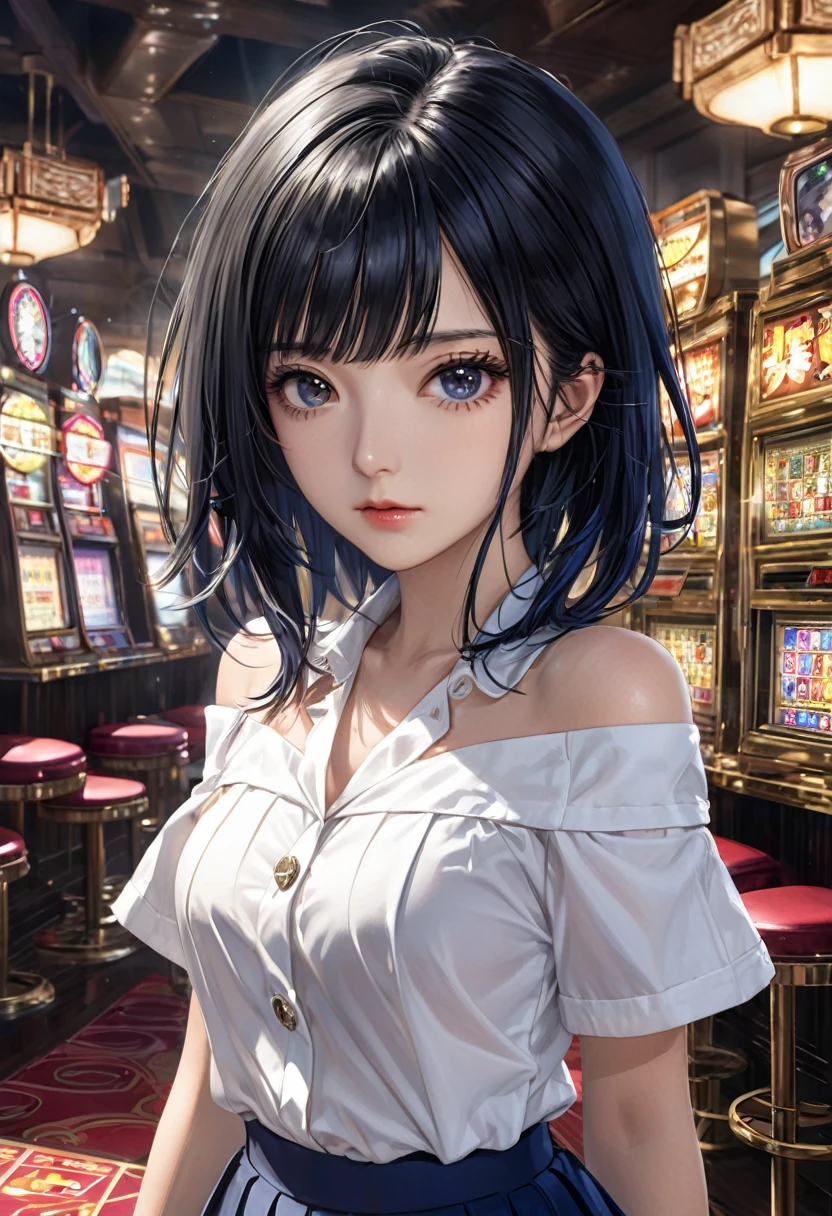 8K、Very detailed、She has medium-long black hair, wears an off-the-shoulder white button-up shirt with a collar, and a navy blue short box pleated skirt.、(aiming at viewer, guns)、Abandoned Casino、Japanese women