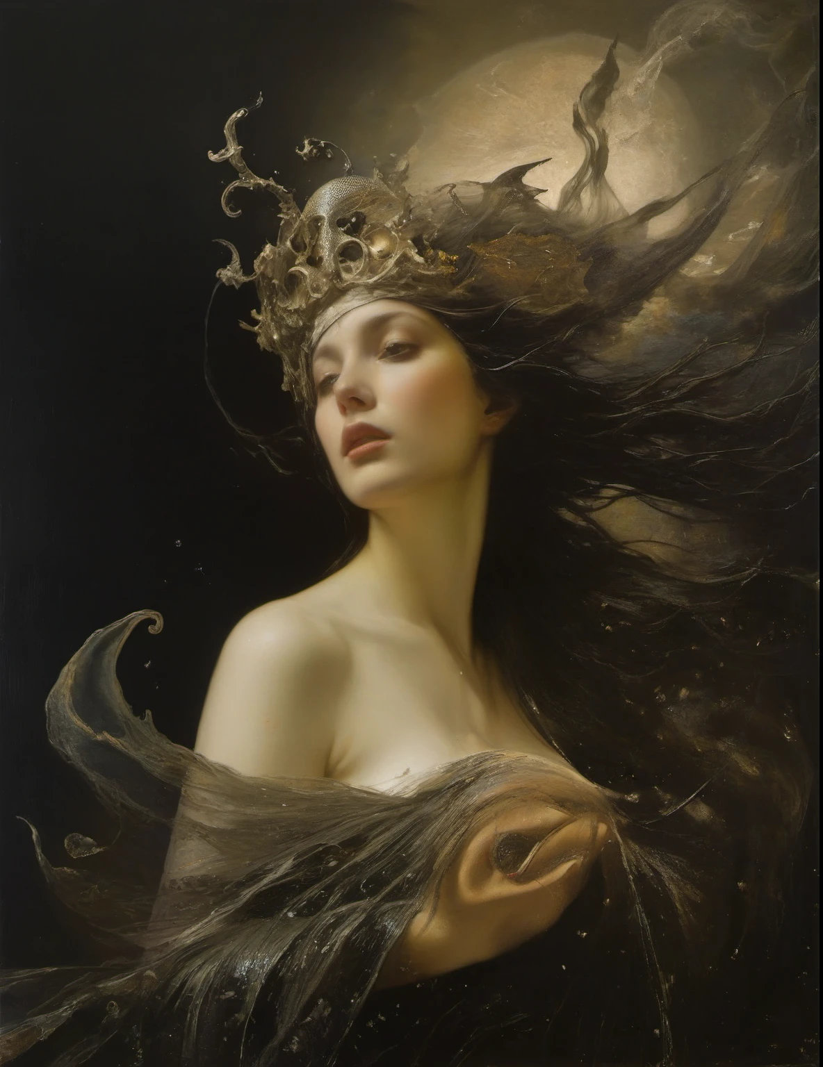 James Gurney, Surrealist art , dream-like, mysterious, Provocative, symbolic, Complex, detailed,, (Gothic but very beautiful:1.4), (masterpiece, Highest quality:1.4) , Nicola Samori Style, Goddess-like mermaid