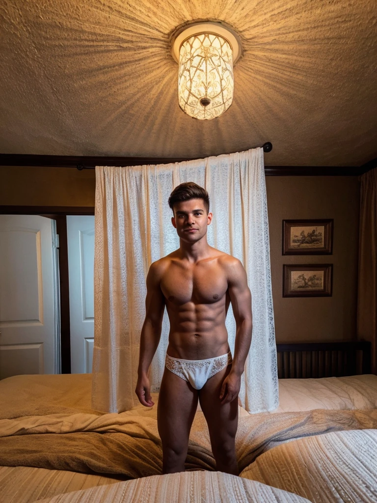 handsome Young man, Very good figure,short haircut,white skin,Not wearing a shirt ,wearing bikini underware on a bed. This man has black hair. The body is quite thin. and has hair on the body and arms a bed, but it's a little firmer. The bedspread is made of lace, and the ceiling of the room is made of laced curtains. The background is a little blurred, as if from a dream. The room is dimly lit, as if lit by a night lamp, casting long shadows.