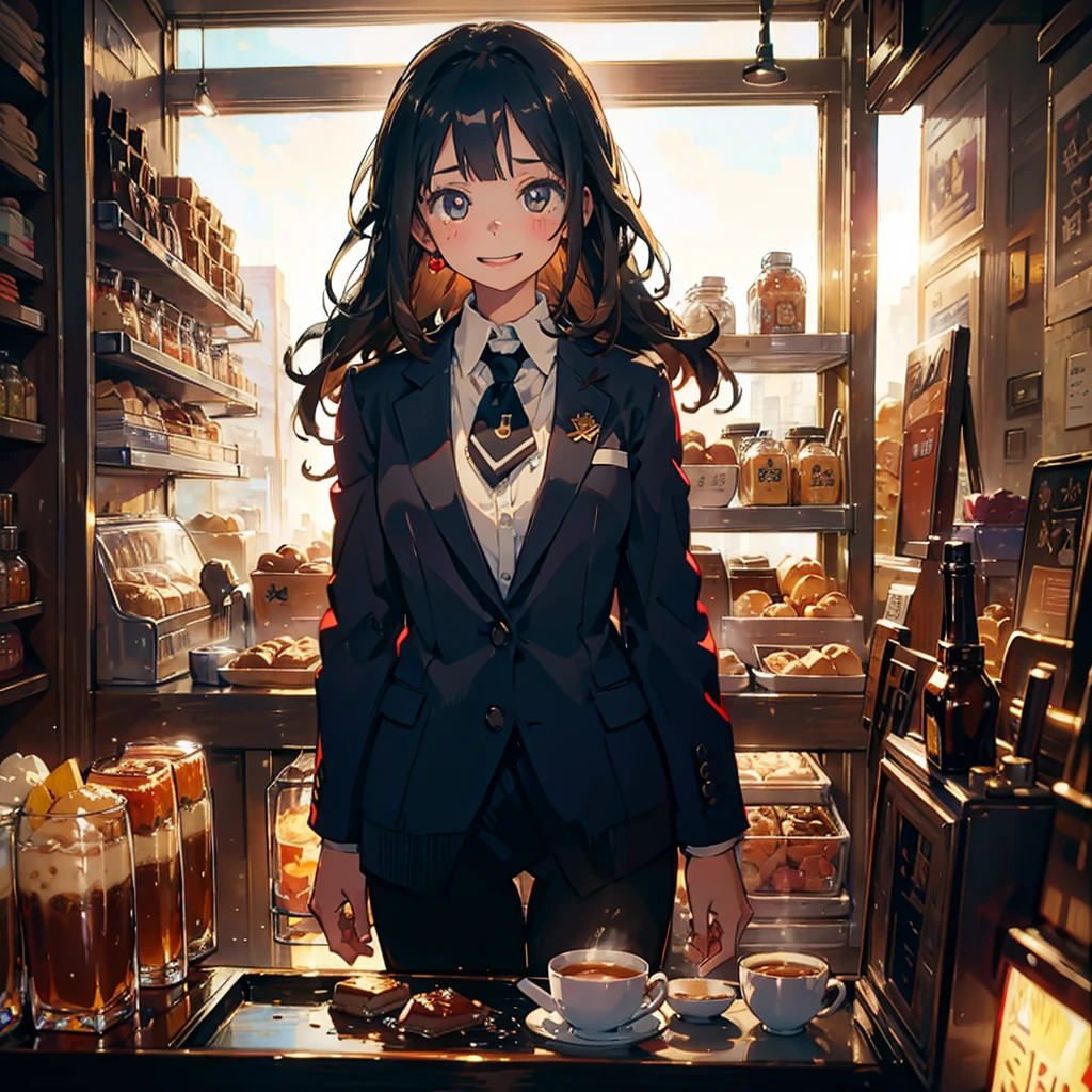 (masterpiece), (high resolution 8K), professional illustration, 1 girl, late teenage, standing, long shot, dutch angle, , blazer, medium hair, happy laughing, looking away, cafe in Tokyo, morning, natural lighting, high contrast, stunning face, symmetrical clear eyes, detailed eyes and face
