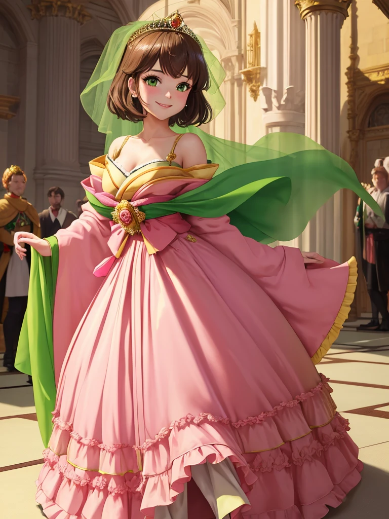 masterpiece, best quality:1.2), 1girl, smile, looking at viewer, green eyes, short brown hair, princess, princess dress, wearing puffy pink ballgown skirt reaching the floor, green kimono, golden tiara with veil, standing in ballroom of medieval castle