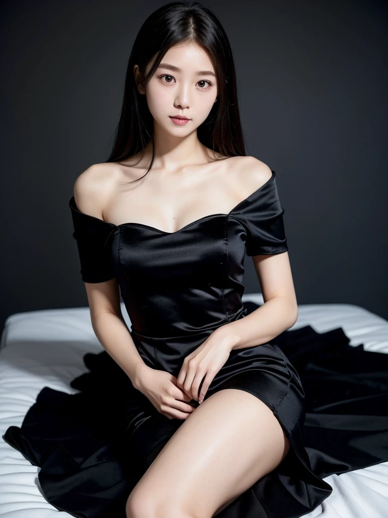 Black dress with a holder neck、(Highest quality)、((Very detailed))、4K、(8K)、masterpiece、Very detailedな、Highest quality、Super Resolution、1 person、Kind Face、Soft Light、RAW quality、Soft Skin、163cm、30 years old、White Room、Thighs