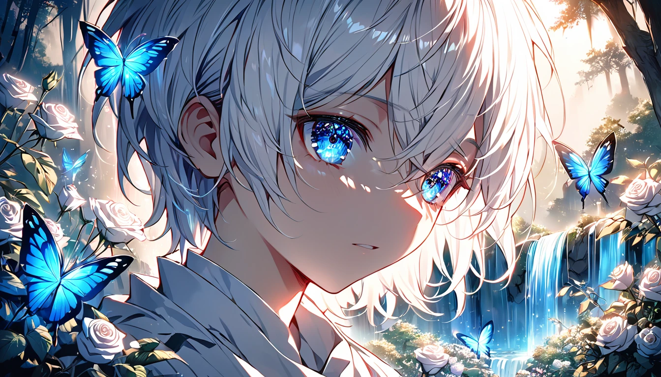 One boy,Long white hair,Pale Teenager,Dark clothing,(((White Rose))),White shirt,The screen contrast is low,High brightness,Long white hair,Roses,Bloods,Light blue leaves,Soft Lighting,Mysterious atmosphere,Chinese landscape, Outside air, Flowers and trees, Waterfall,butterfly, Portraiture, Color Difference, Depth of written boundary, Dramatic Shadows, Ray Tracing, Highest quality, Cinema Lighting, Highly detailed CG, 8k wallpaper,,