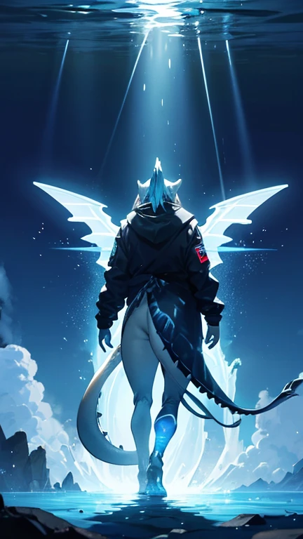 Two-foot　thick　45°　dinosaur　big　Long tail　Blue glowing dorsal fin　ビルよりbig　Blue light coming from mouth