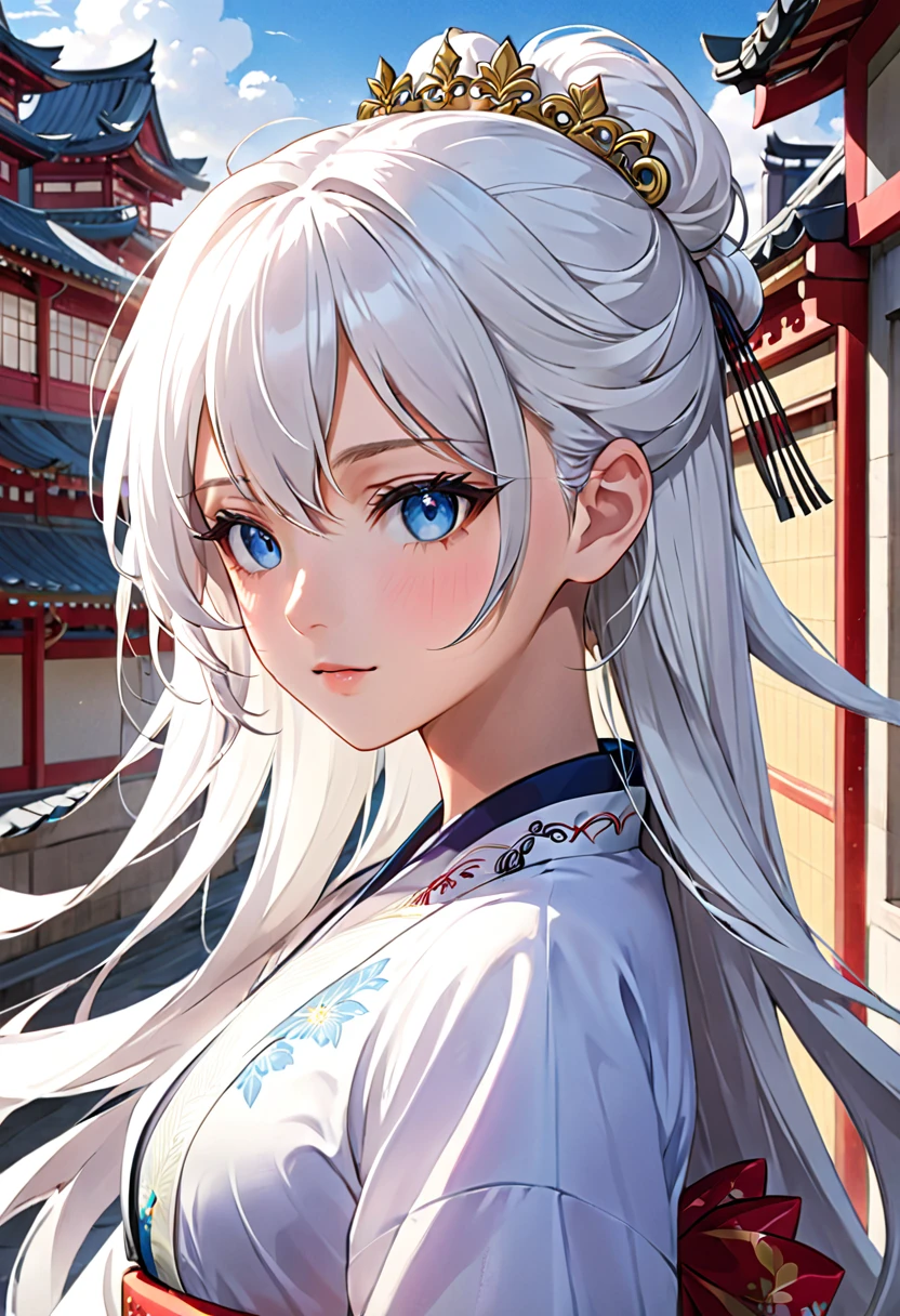 Anime girl with long white hair and blue eyes in the city, White-haired God, Beautiful anime portraits, Detailed portrait of an anime girl, Perfect white hair girl, Beautiful Anime Girls, Beautiful Anime Women, White Hair Girl, Cute Anime Girl Portrait, palace ， Girl in Hanfu, From Girls Frontline, guweiz on pixiv artstation, ”Beautiful Anime Women