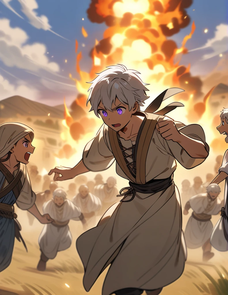 small Greek boy with white hair, violet eyes, wearing peasant clothes, desperate and running towards his burning village