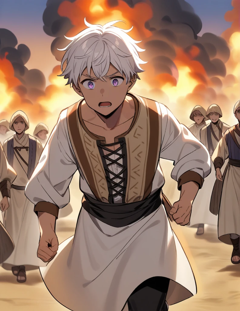  Greek boy w white hair, violet eyes, wearing peasant clothes, desperate and running towards his burning village