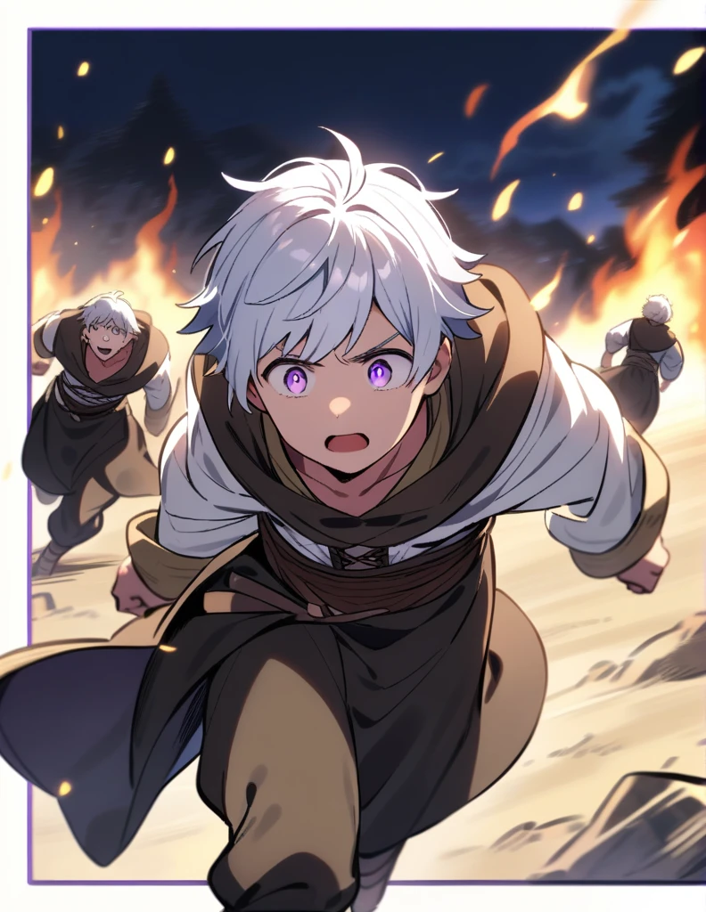 small Greek boy with white hair, violet eyes, wearing peasant clothes, desperate and running towards his burning village