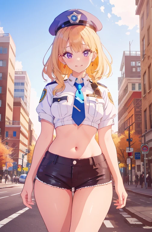 Kelly, hair blonde, blue colored eyes, wart under the mouth,
make up, lips, curly hair, eyelash,
standing alone, trunk, standing, ssmile,
natta, streets, city scape, carriages,
uniforme policial, police hat, tummy, black short shorts, blue shoes, blue necktie,
(incredibily detailed, beautifull detailed face, work of art, beautiful detailed eyes, best qualityer)