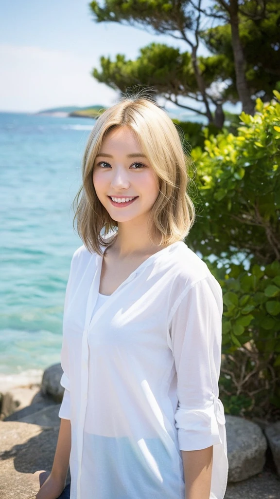 ((finest masterpiece)), ((Highest quality)), ((Genuine)), ((8K)), 1 girl, Japanese, 24-years-old, so beautiful, model, whole body, thin, model, ソニー一眼レフphotograph, blonde, Long Hair, short hair, Looking at the camera,smile, Background Real, Ocean、Europe, art, photograph,