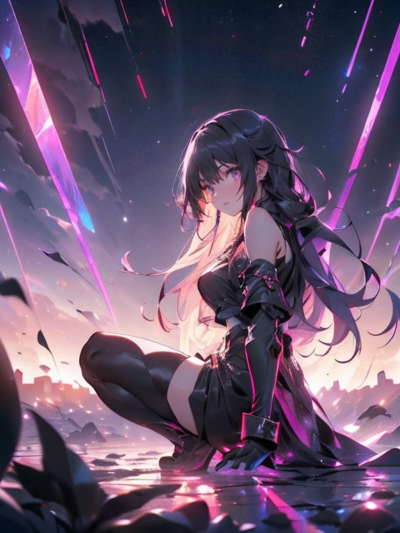 Akame ga kill, Akame, Sitting on a wall, with your black katana on the floor, black eye sclera, scarlet eye iris, (Ultra-realistic), {extremely detailed 8k CG unity wallpaper}, expansive landscape photography, (a view from below that prioritizes the character and scene above, (wide open field view), (Low-angle photo), (destacados: 1.5), (low light: 1.2), (Warm Light Source: 1.4), complexdetails, (Iridescent Colors: 1.5), (Bright lighting), (atmospheric lighting), Dreamers, Akame ga kill