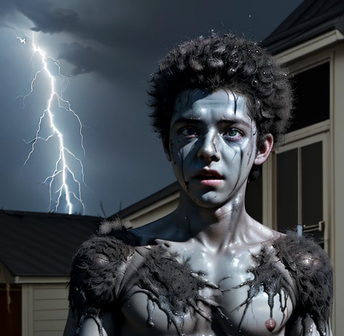 In a comedy movie, a boy is electrocuted and left in tatters and covered in soot after a lightning strike in front of his house.