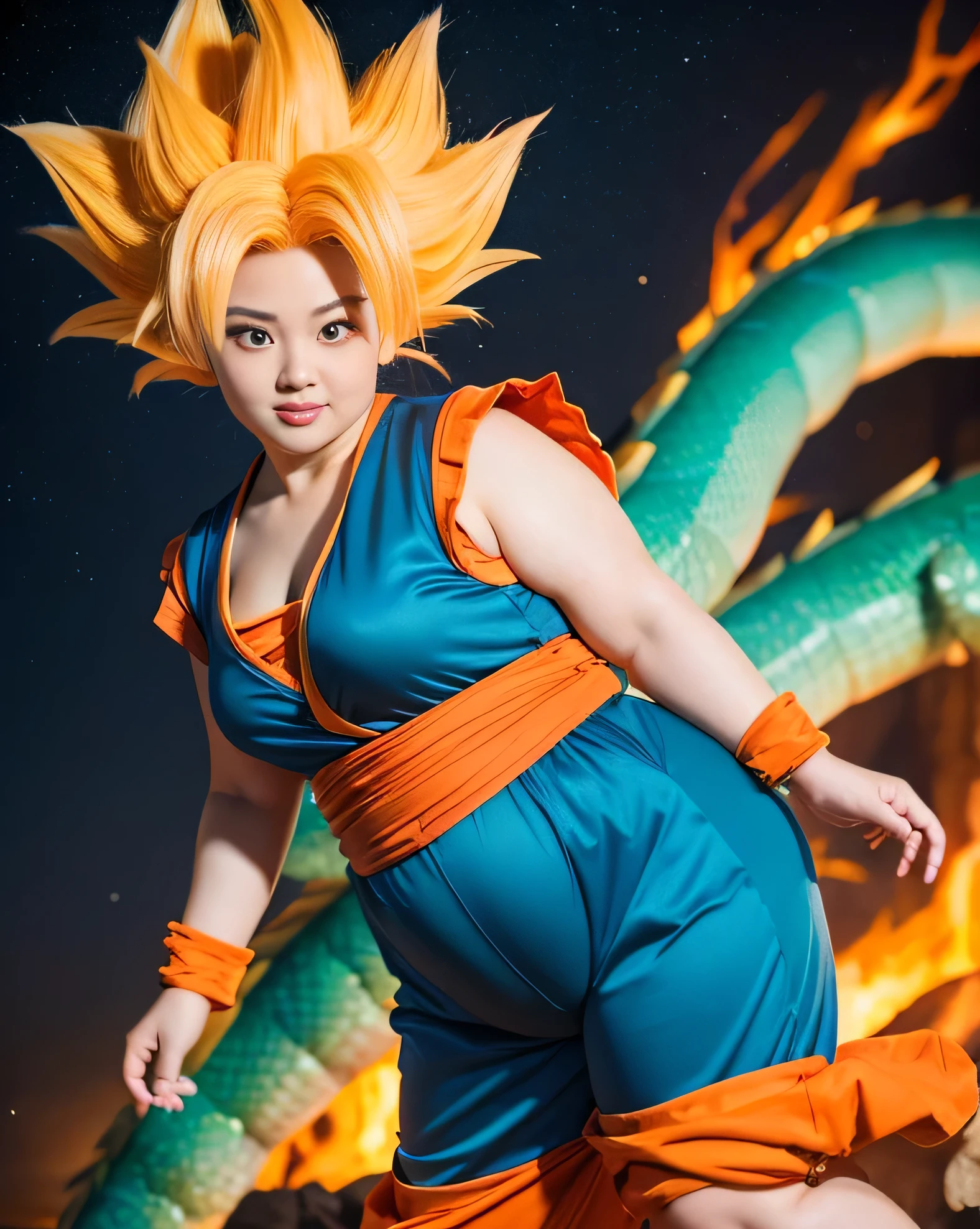 ((8K)), highest quality, 超High resolution, (Surreal), (High resolution), ((1 girl, Japanese)), ((Dragon Ball Goku Costume)), Overweight, extremely fat, ((Chubby))