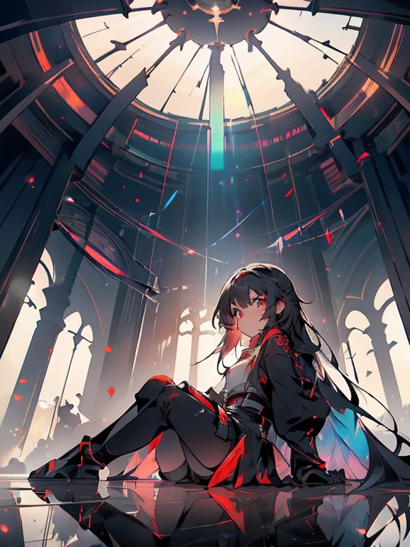 Akame ga kill, Akame, Sitting on a wall, with your black katana on the floor, black eye sclera, scarlet eye iris, (Ultra-realistic), {extremely detailed 8k CG unity wallpaper}, expansive landscape photography, (a view from below that prioritizes the character and scene above, (wide open field view), (Low-angle photo), (destacados: 1.5), (low light: 1.2), (Warm Light Source: 1.4), complexdetails, (Iridescent Colors: 1.5), (Bright lighting), (atmospheric lighting), Dreamers, Akame ga kill