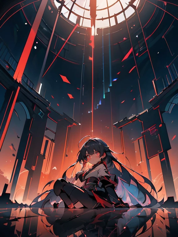 Akame ga kill, Akame, Sitting on a wall, with your black katana on the floor, black eye sclera, scarlet eye iris, (Ultra-realistic), {extremely detailed 8k CG unity wallpaper}, expansive landscape photography, (a view from below that prioritizes the character and scene above, (wide open field view), (Low-angle photo), (destacados: 1.5), (low light: 1.2), (Warm Light Source: 1.4), complexdetails, (Iridescent Colors: 1.5), (Bright lighting), (atmospheric lighting), Dreamers, Akame ga kill