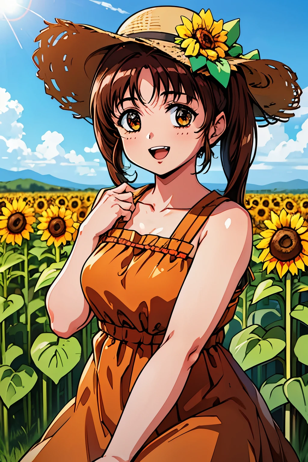 1girl, solo, cowboy shot,portrait、perfect quality, good quality, masterpiece, HDR, uhd,koizumi_rina, brown eyes, brown hair, twintails, hair bow,Sunflower field、Straw hat、(Summer Dress:1.4)、sunny day、smile,open mouth