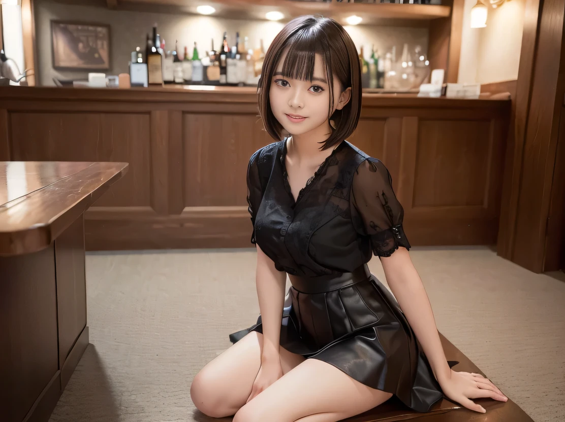 (Highest quality, masterpiece, Ultra-high resolution, 8K, RAW Photos, Realistic, Anatomically correct:1.5), 20-year-old girl:1.2, Embarrassing, avert your eyes, blush:1.0, View Viewer, ((Bar Lounge)) 、Night view、 Light:1.2, Bokeh, Cinema Lighting:1.0, Depth of written boundary, sharp、 Cute face、Idol、Black short sleeve lace top、Black pleated skirt、Black clothing、”dwarf”、(Floral clothes)、(Full Body Shot)、Side angle、Cowboy Shot、 smile、(Ultra short hair)、(Short bob cut)、(Straight bangs)、((See-through))、(( One Girl))、Large Breasts、