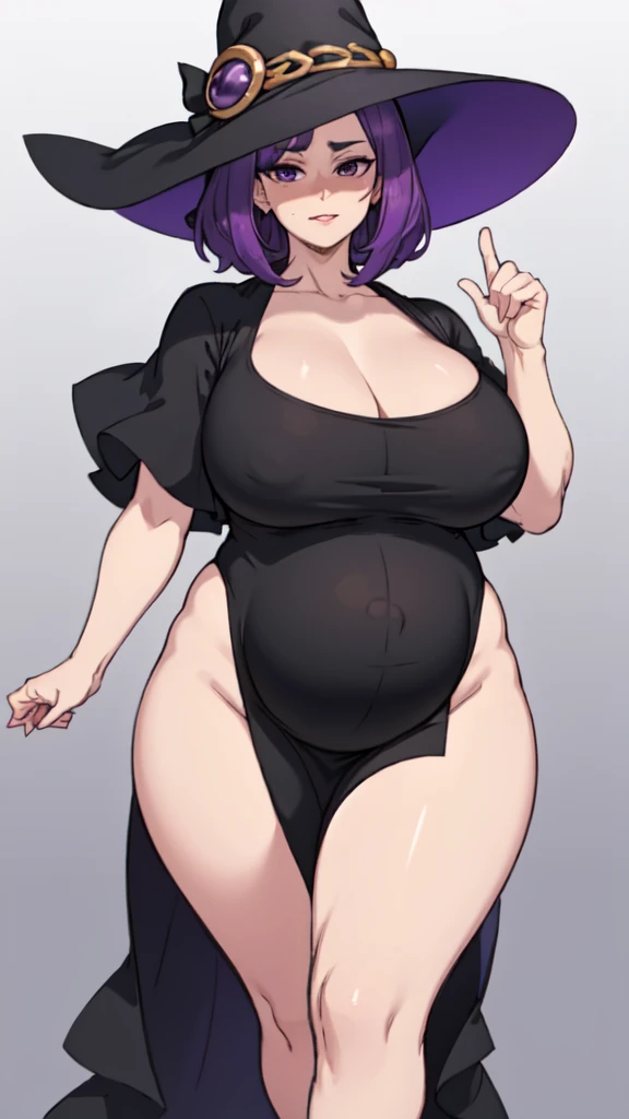 pregnant woman, older, in their 30s, with short purple hair and a tall, curvy body, vista sideways, sideways, breasts big, (work of art, best qualityer:1.2) wearing the legendary great black dress of the mystical sorceress, Big witch hat, breasts big gestante, clothes covering the whole body, detailed mysterious look