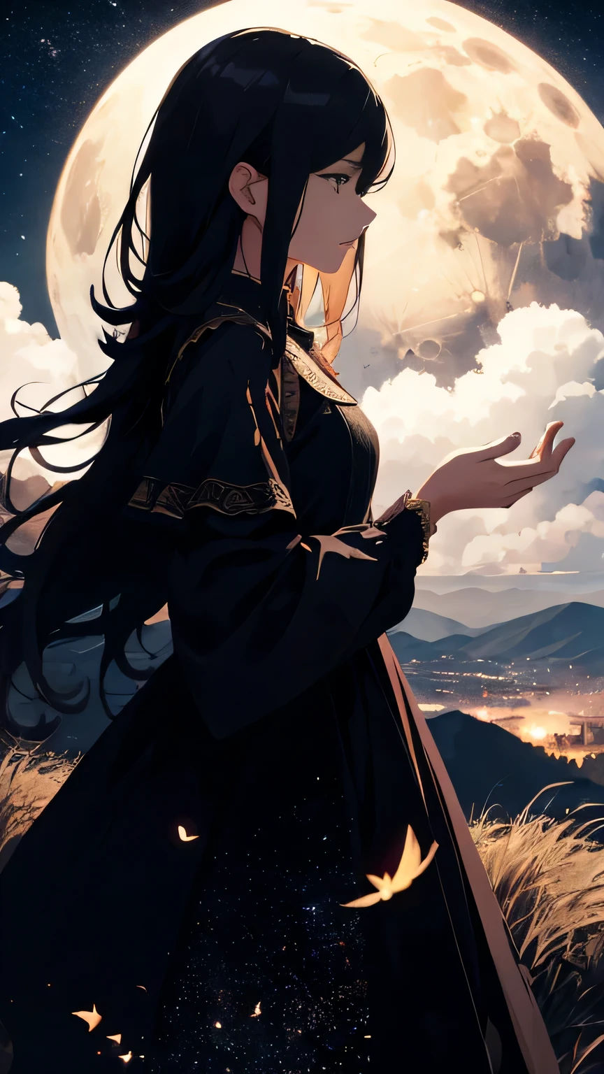 masterpiece, Highest quality, night, Hills, cloud, full moon, Long Hair, woman, silhouette, fire Fly.