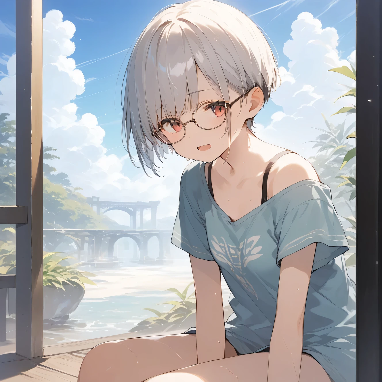 score_9, score_8_up, score_7_up, source_anime, best quality, masterpiece, official art, absurdres, highres, ultra-detailed,waifu2x,Collection: Slice of Life,break,1girl, very short hair,pixie cut, long bangs, glasses, small breasts, thighs, sweat, open mouth, outdoors, summer, break,(clear line illustration:1.2),very high resolution, very aesthetic, super detailed skin, Best sexual lighting powered by famous artist, 8k,cute picture,beauty illustration,photoshop_(medium),,(Detailed Lighting),best anime 8k konachan wallpaper, pixiv contest winner, 