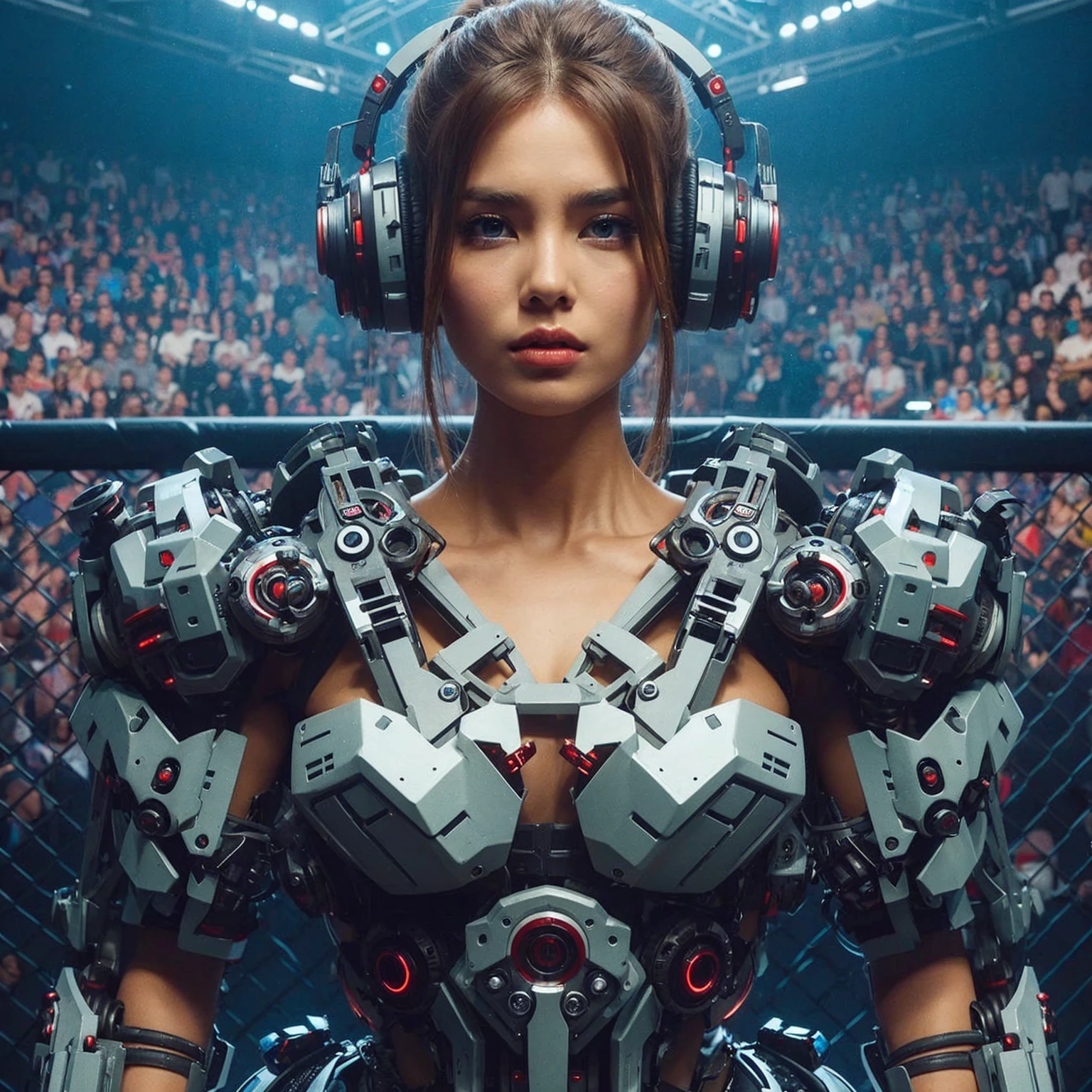  (POV). The beautiful (nations) mecha mma-fighter lady with (hairstyle), (head ornament), big-headphone. She is wearing (colouring) mecha (dress type) heavy mma-combat armor. Standing in the octagon ring with surrounded by spectators