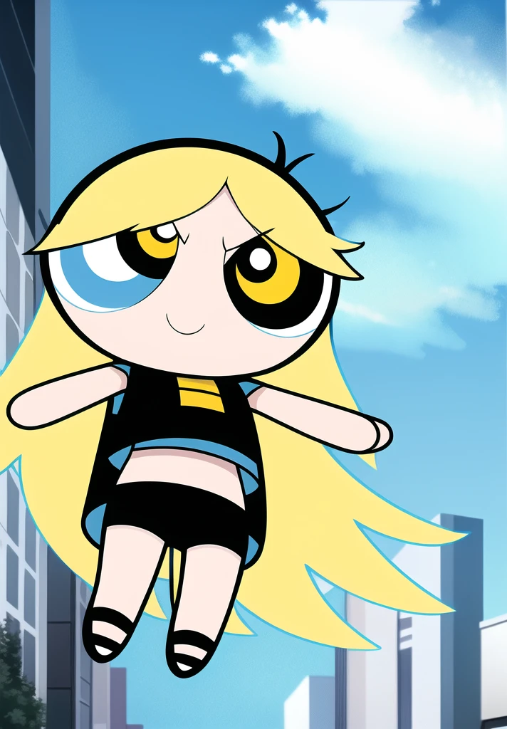 ((( blue sky long hair,))) smile, chibi, full body,1girl, yellow eyes, Black short-sleeved shirt showing off your stomach, black shorts