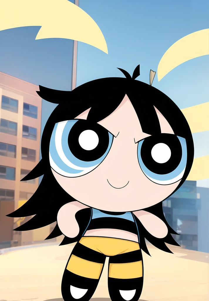 ((( blue sky long hair,))) smile, chibi, full body,1girl, yellow eyes, Black short-sleeved shirt showing off your stomach, black shorts