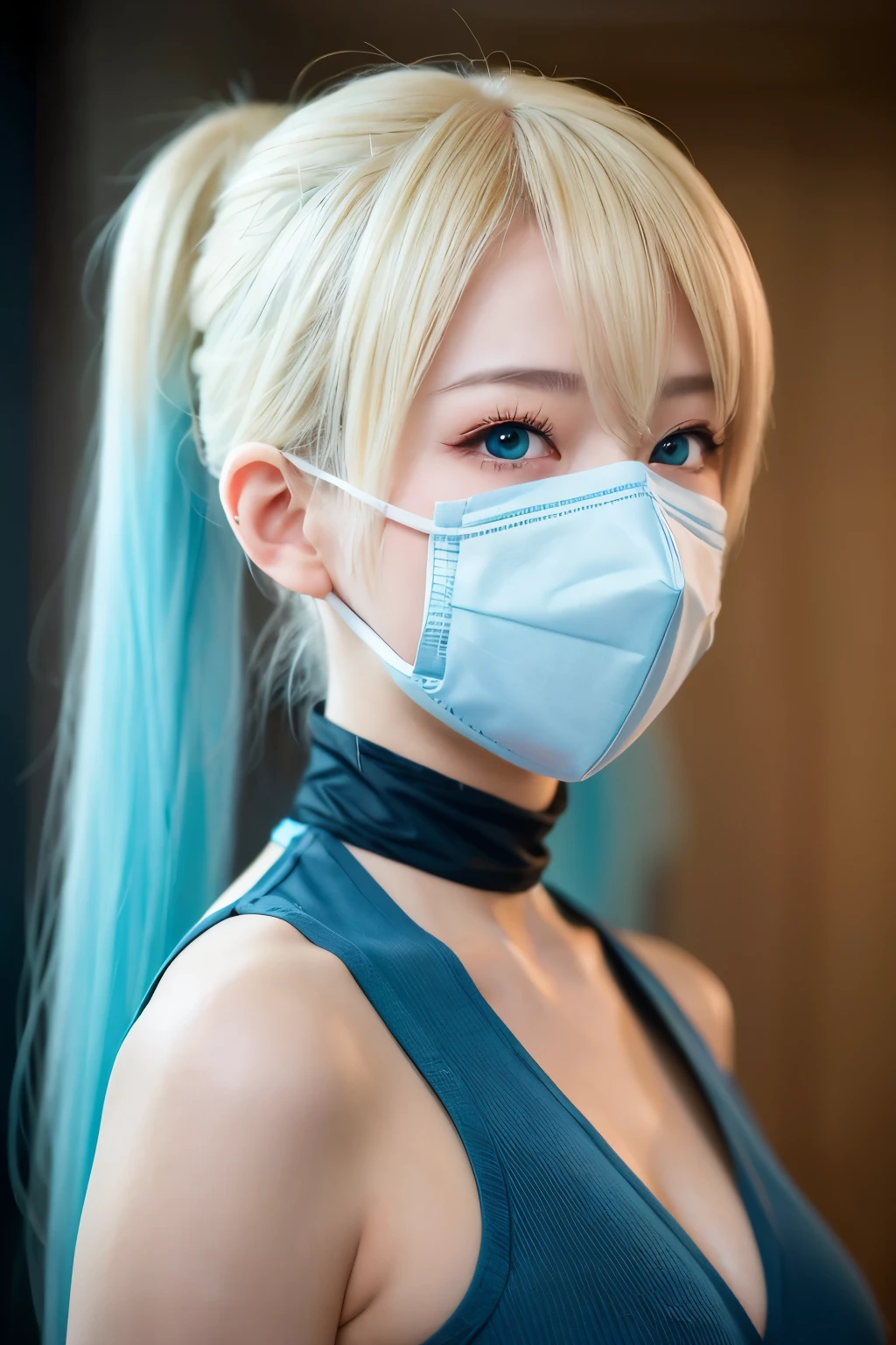 blonde hair, colored inner hair, light blue hair, ponytail, mask removed, dilated pupils, parted lips, anime style, depth of field, first-person view, UHD, best quality