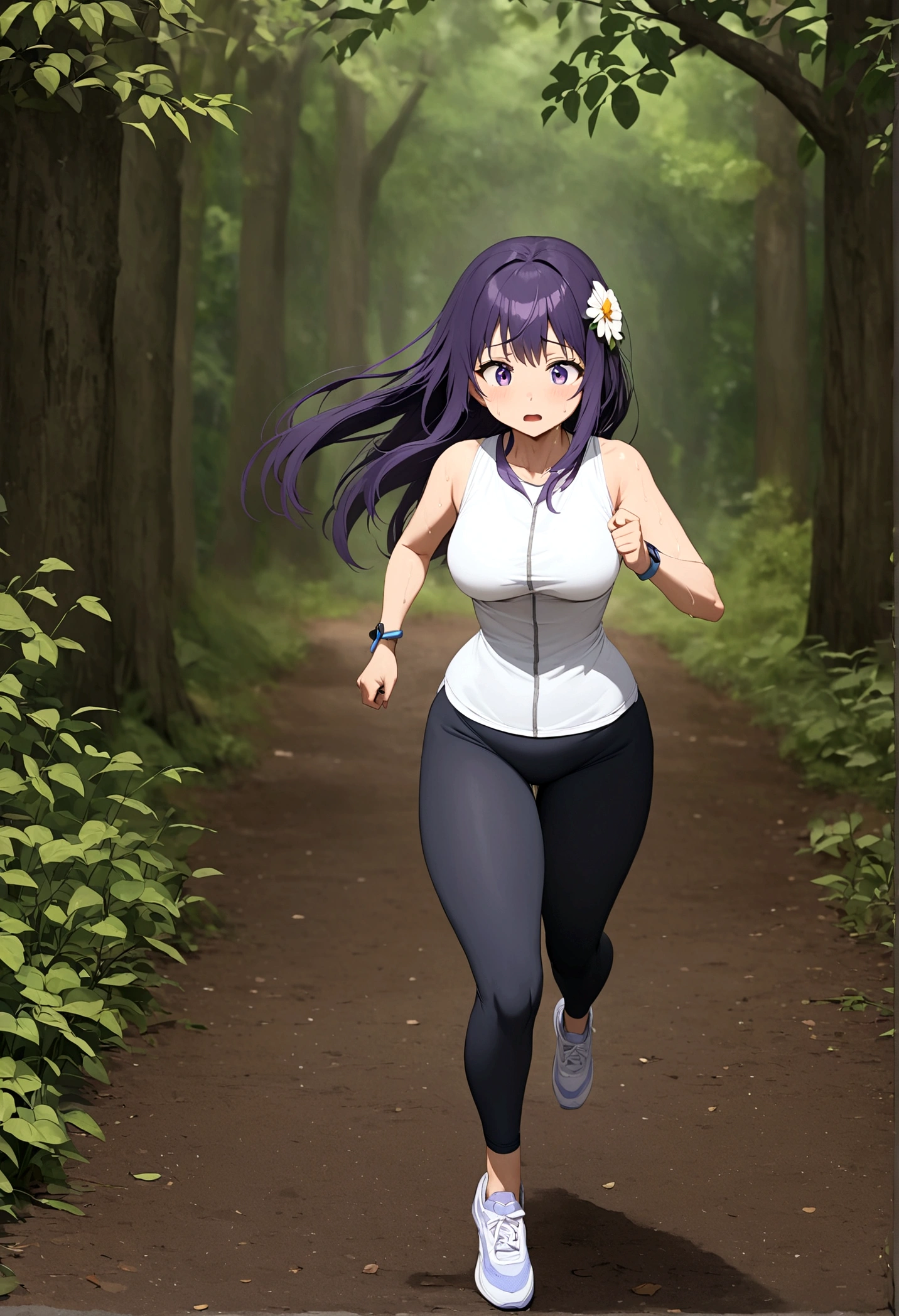 Anime girl with very long dark purple hair and a flower hair accessory jogging in the woods as she's sweating so much wearing sports leggings