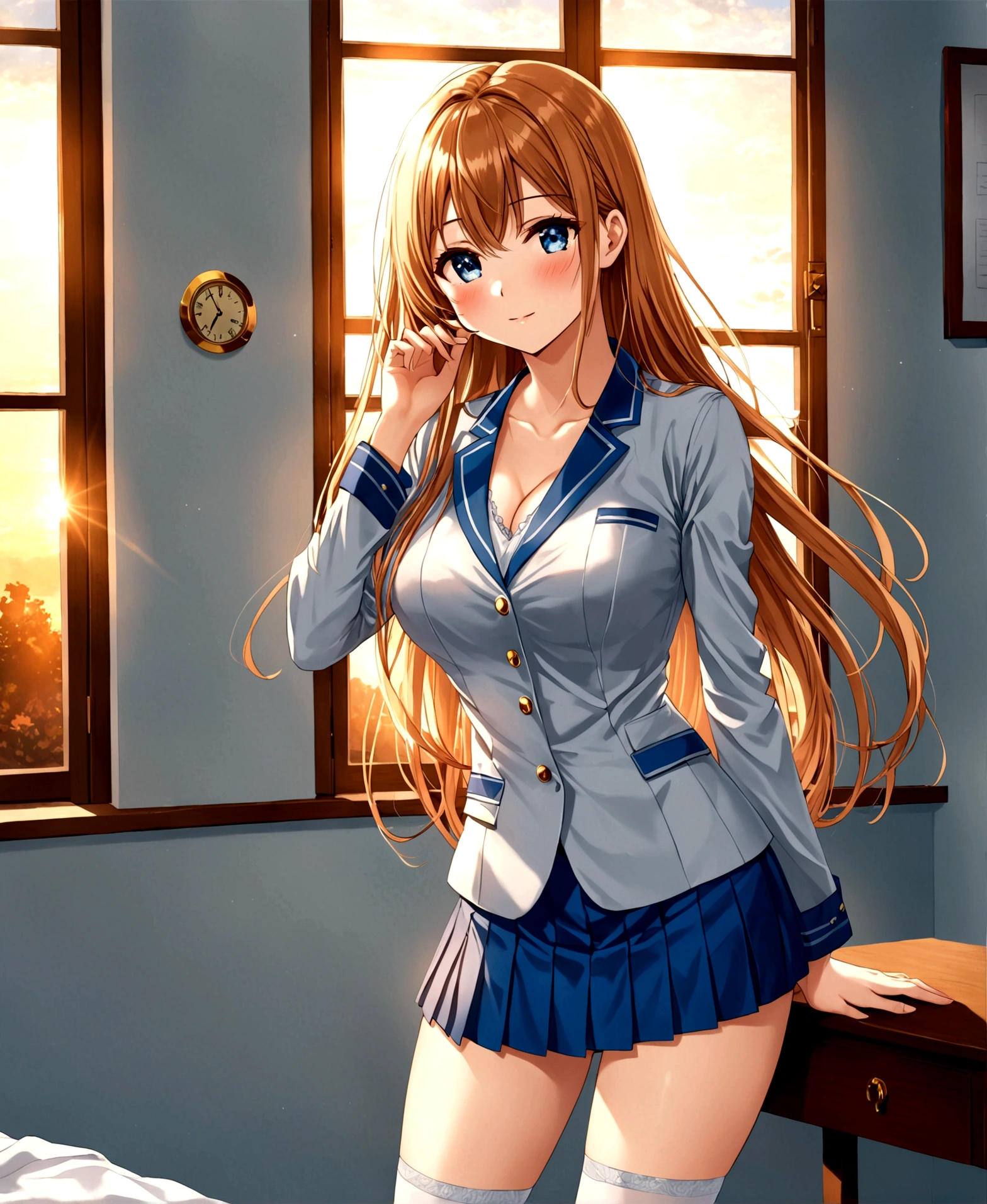 In a private school for women, a beautiful female student, in the dormitory, in her room, with her back to the door, stroking her hair with her fingers, winking, blushing, looking at the viewer, slightly hunched back, simple decoration, feminine atmosphere, sunset, sunlight penetrating through the window, /(extremely long straight hair, almond-shaped eyes, hourglass-shaped athletic body, large breasts, medium hip, medium waist, shapely legs, perfect fingers, Greek nose, perfect hands, triangular face,), /(uniform: white V-neck blouse long sleeve, topaz blue pleated mini skirt, light gray satin blazer with gold buttons, light gray thigh-high stockings held up by garters,),