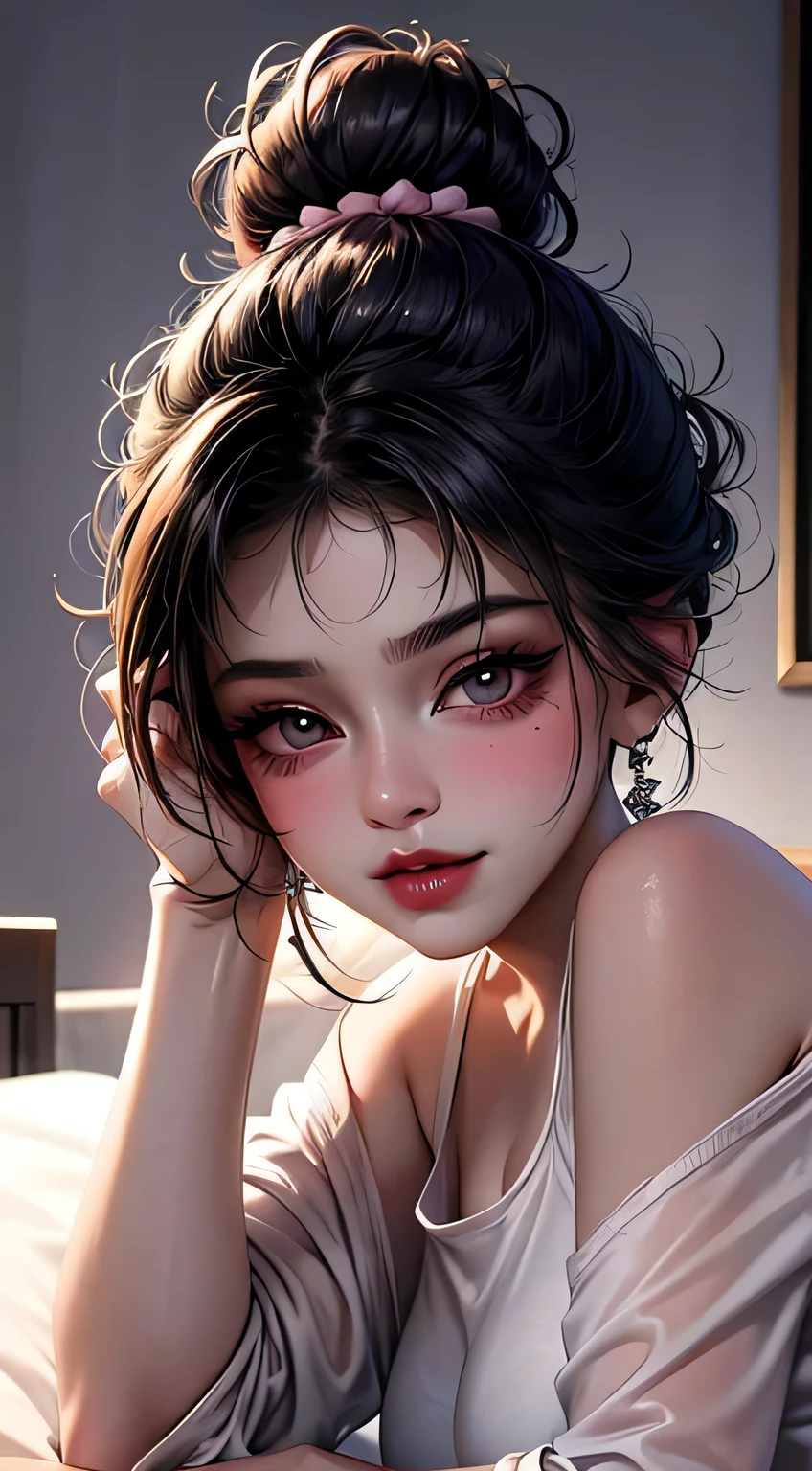 Amazing portrait of a sexy woman with her black hair tied in a bun with smokey eyes with lots of eyeliner and her glossy lips parted as she blushes intensely and smiles wearing a pink and white loose sheer shirt with black pants as she seductively poses on her bed during night time with soft lighting emphasizing her beautiful face
