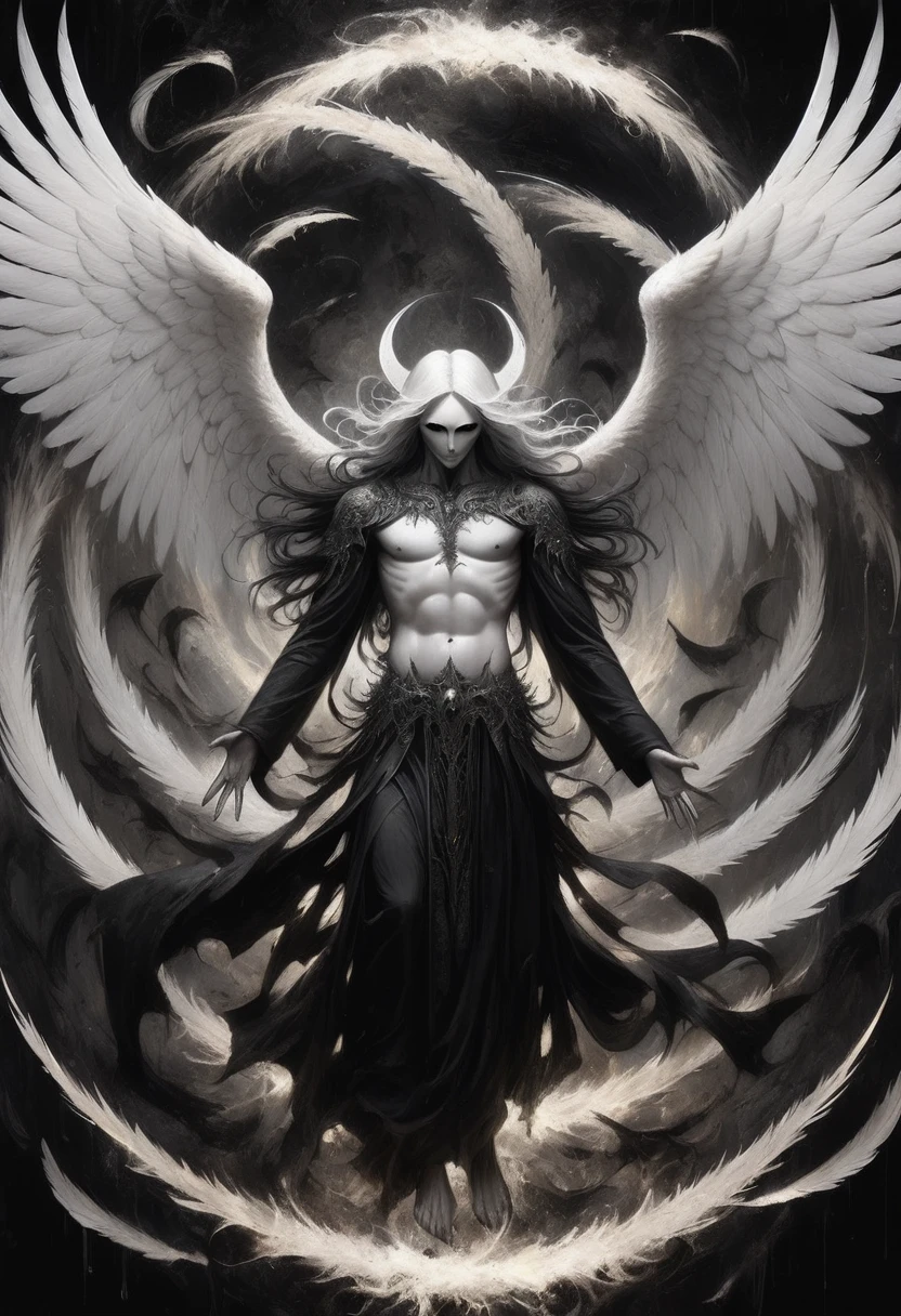 A painting of dark fallen angel Lucifer surrounded by dark wings, black and white Möbius strip, spinning and tumbling white wings and dark angels, deathcore style, layered image with subtle irony, Himalayan art