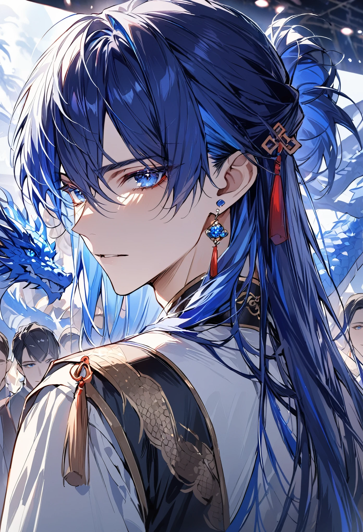 , (masterpiece:1.2), Highest quality,Pixiv,Portraits during the journey,
Long Hair, jewelry, Earrings, Blue Hair, Dragon, Male Focus, Chinese clothing, View your viewers, Recall, blue eyes, eastern Dragon, Multicolored Hair, tassel Earrings, From behind, Focus Only, stage, Mouth closed, One boy, Long sleeve, bangs
 