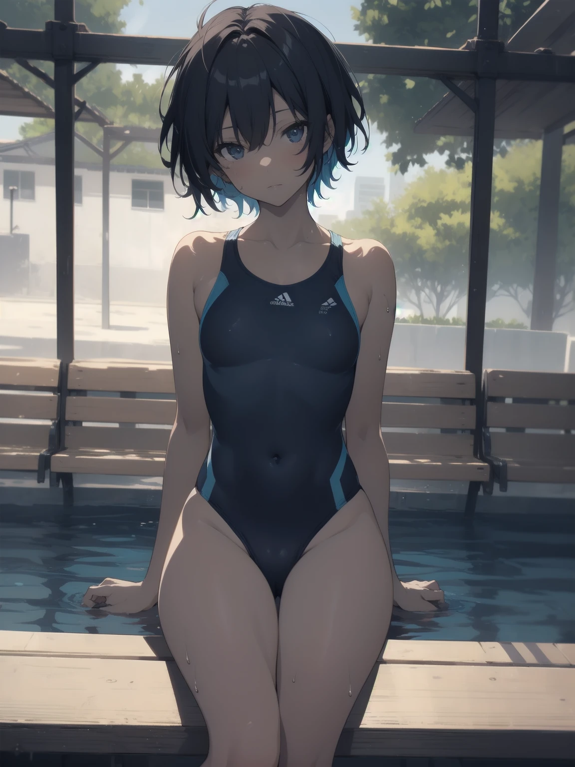 ultra-Top-quality by art God, ultra-detailed, high resolution, shinkai makoto style, anime moe artstyle, best anime 8k konachan wallpaper, pixiv contest winner, perfect anatomy, break,(Please draw a picture of a girl in a swimsuit sitting masturbation on a bench by the poolside alone.),break, a hyperrealistic school girl, parted lips, (Solo,lolita, , 13-ar-1.3),l limbs, complete fingers, androgynous charm, (very short hair), wet hair, small breasts,slender body, Small butt, groin, Small black eyes,hanme,beautiful detailed eyes, well-proportioned iris and pupils, sleepy eyes, highres detailed hair, swimsuit, wet swimsuit, bare shoulders, thighs, pussy juice, masturbation, in the school pool. break,super detailed skin, shiny skin, Best lighting powered by famous artist, 8k, illustration,UHD, textured skin,break,((artist:toosaka_asagi )), artist:clamp ,artist:carnelian ,artist:kantoku ,